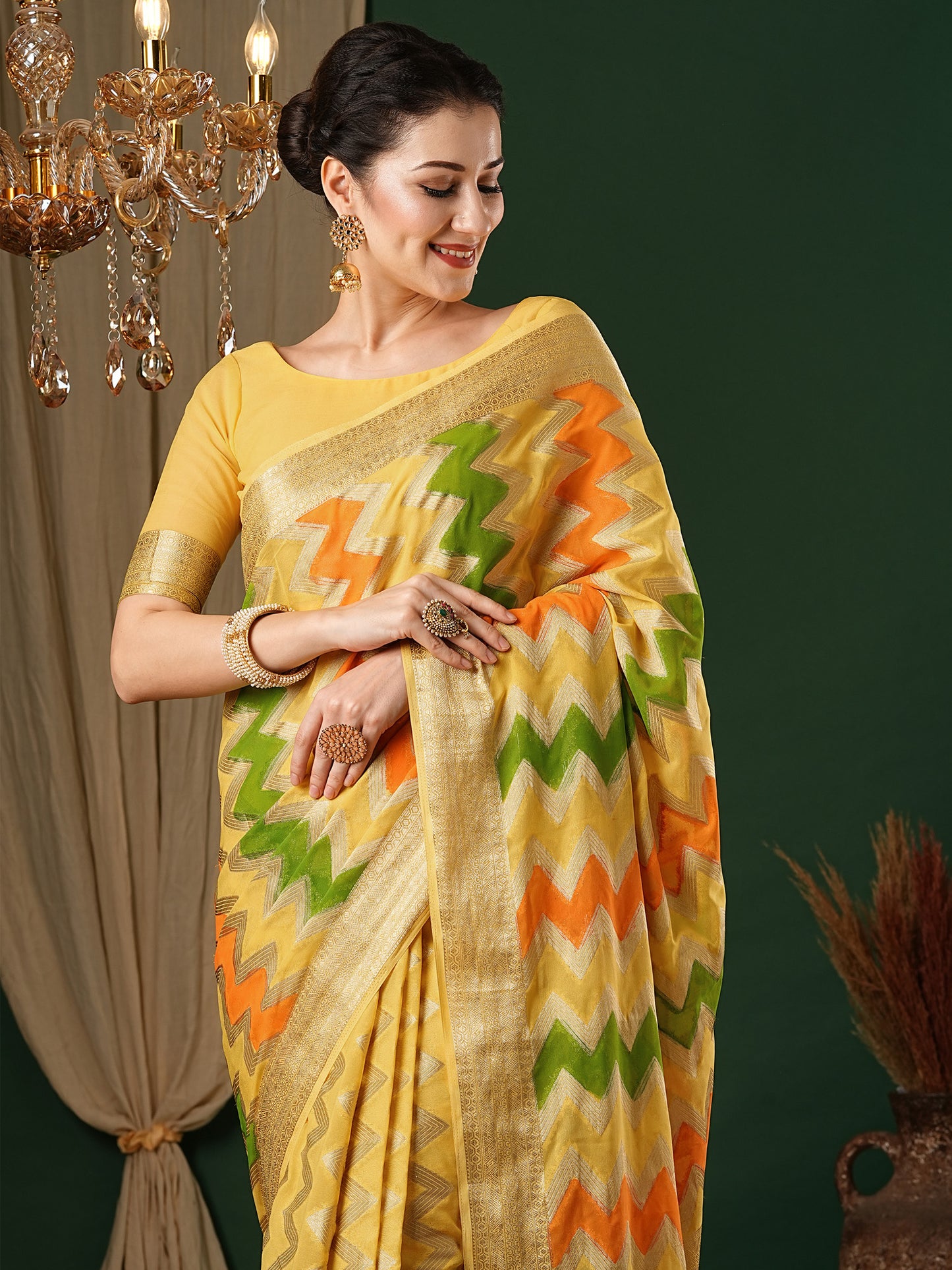 Women's Georgette Yellow Woven Design Designer Saree With Blouse Piece