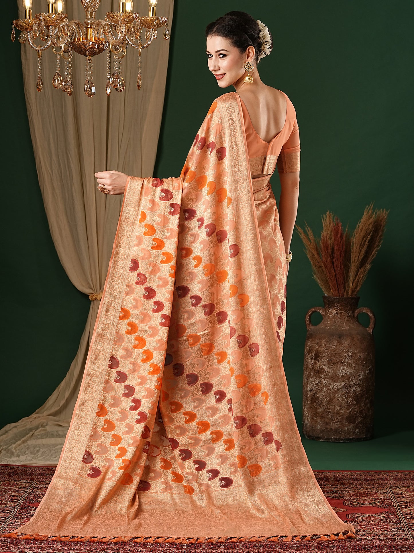 Women's Georgette Orange Woven Design Designer Saree With Blouse Piece
