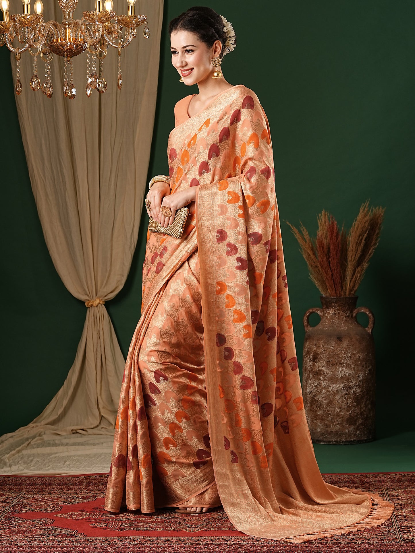 Women's Georgette Orange Woven Design Designer Saree With Blouse Piece