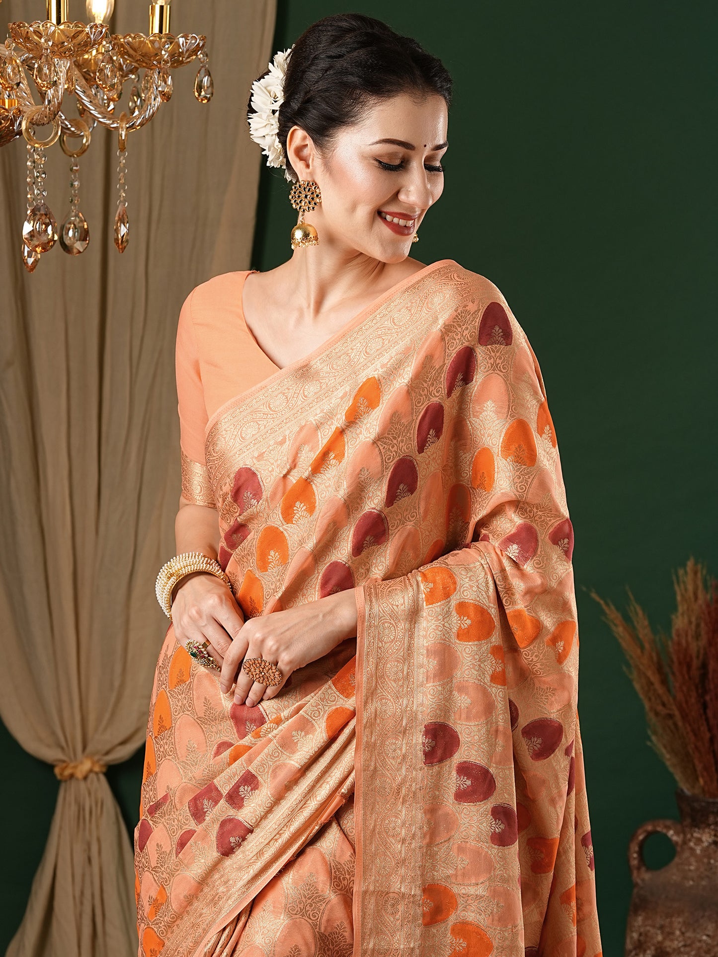 Women's Georgette Orange Woven Design Designer Saree With Blouse Piece