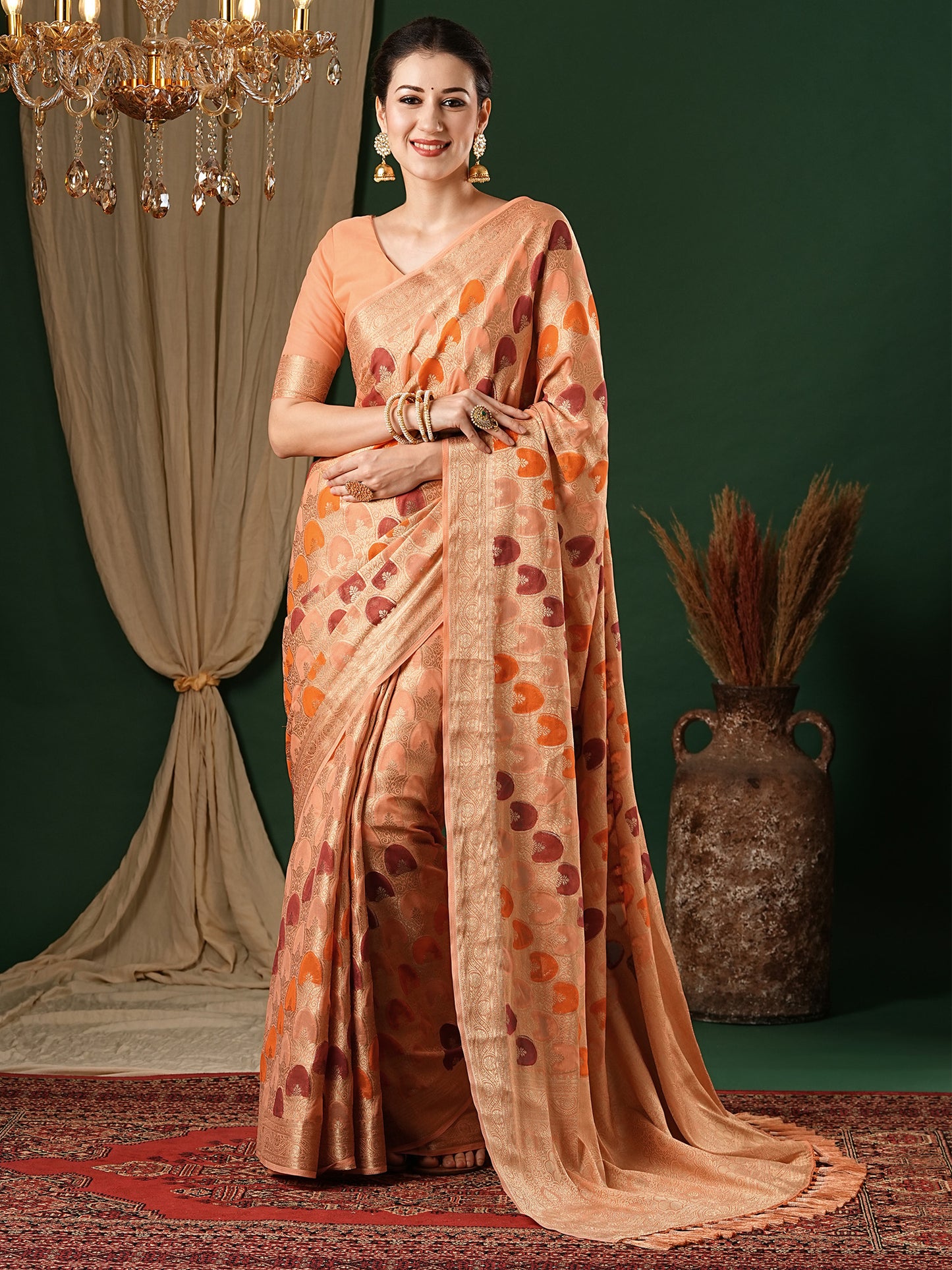 Women's Georgette Orange Woven Design Designer Saree With Blouse Piece