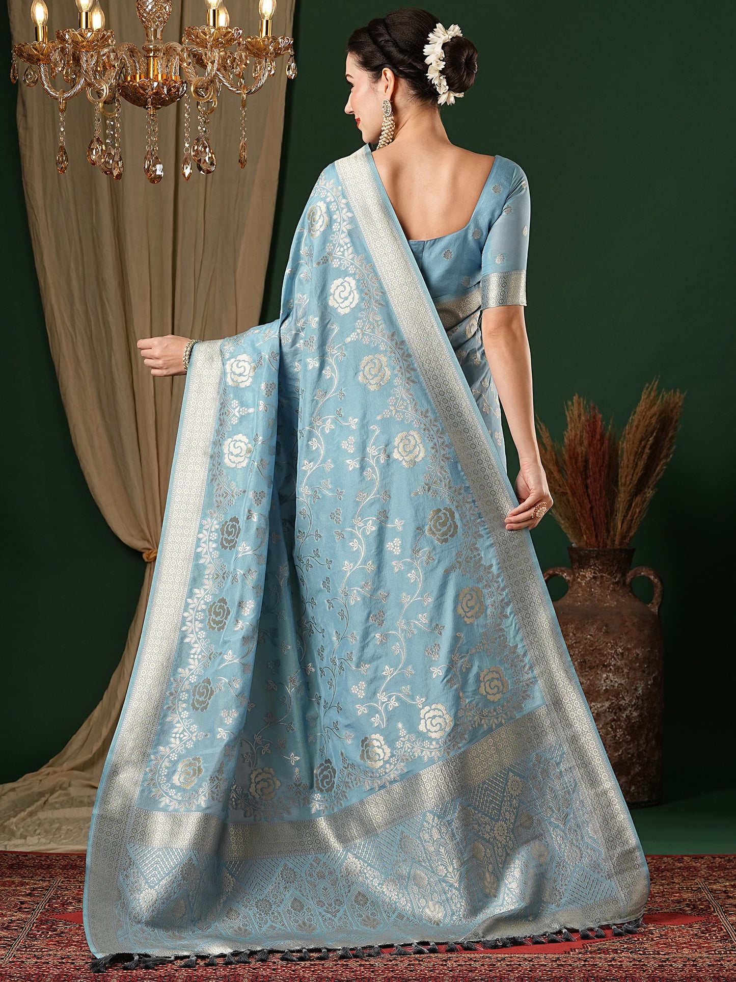 Women's Georgette Light Blue Woven Design Designer Saree With Blouse Piece