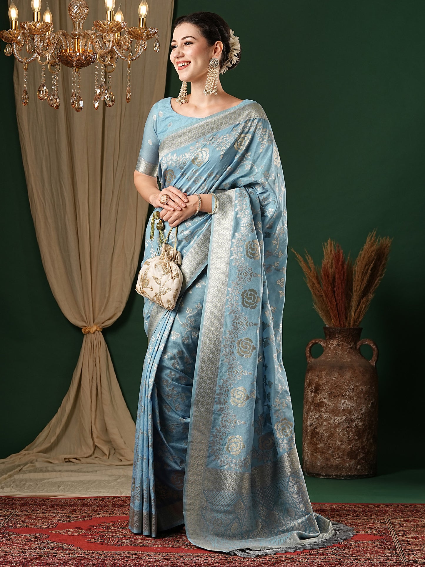 Women's Georgette Light Blue Woven Design Designer Saree With Blouse Piece