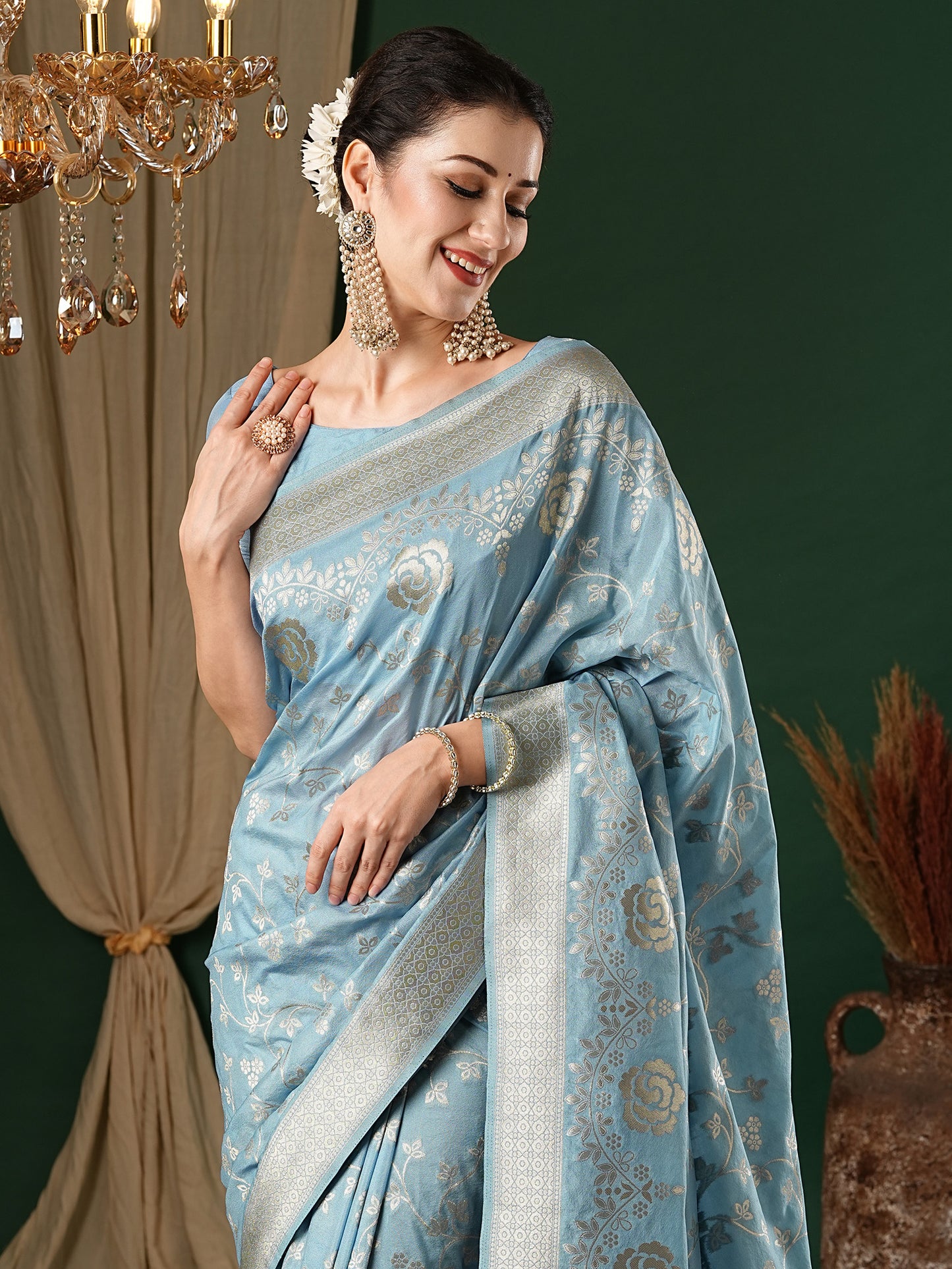 Women's Georgette Light Blue Woven Design Designer Saree With Blouse Piece