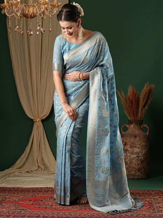 Women's Georgette Light Blue Woven Design Designer Saree With Blouse Piece