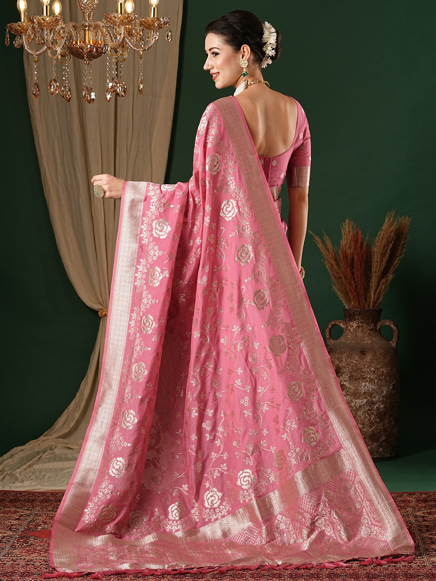 Women's Georgette Pink Woven Design Designer Saree With Blouse Piece