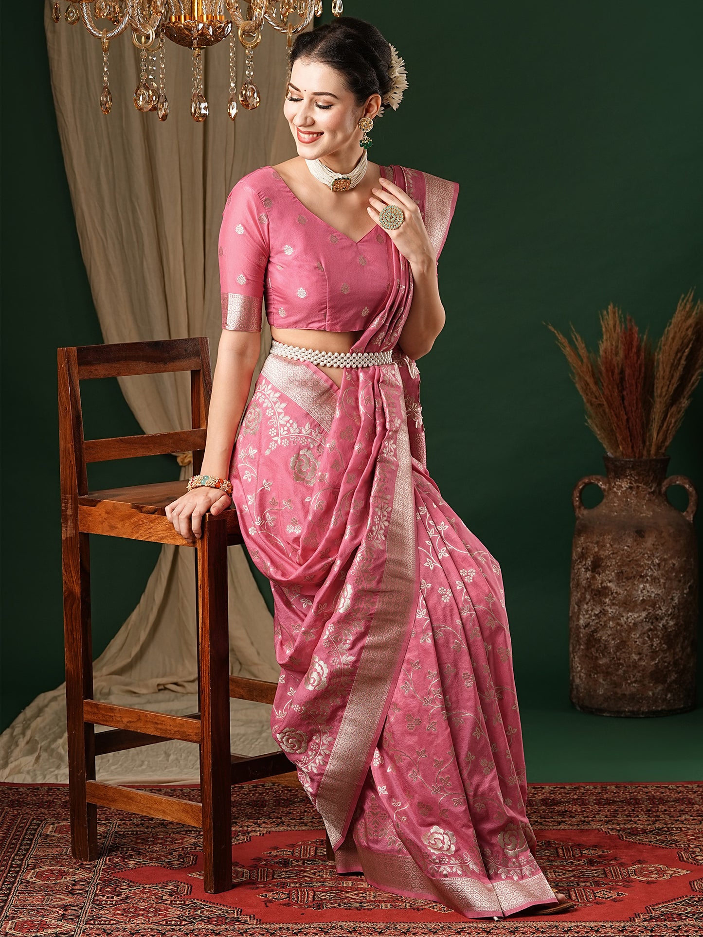 Women's Georgette Pink Woven Design Designer Saree With Blouse Piece