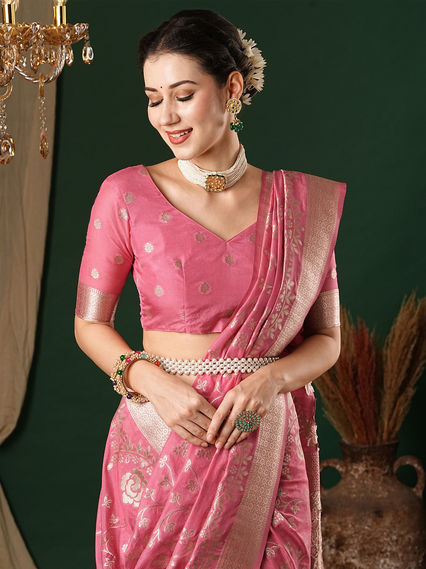 Women's Georgette Pink Woven Design Designer Saree With Blouse Piece