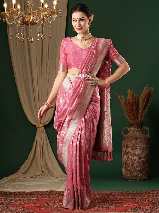 Women's Georgette Pink Woven Design Designer Saree With Blouse Piece