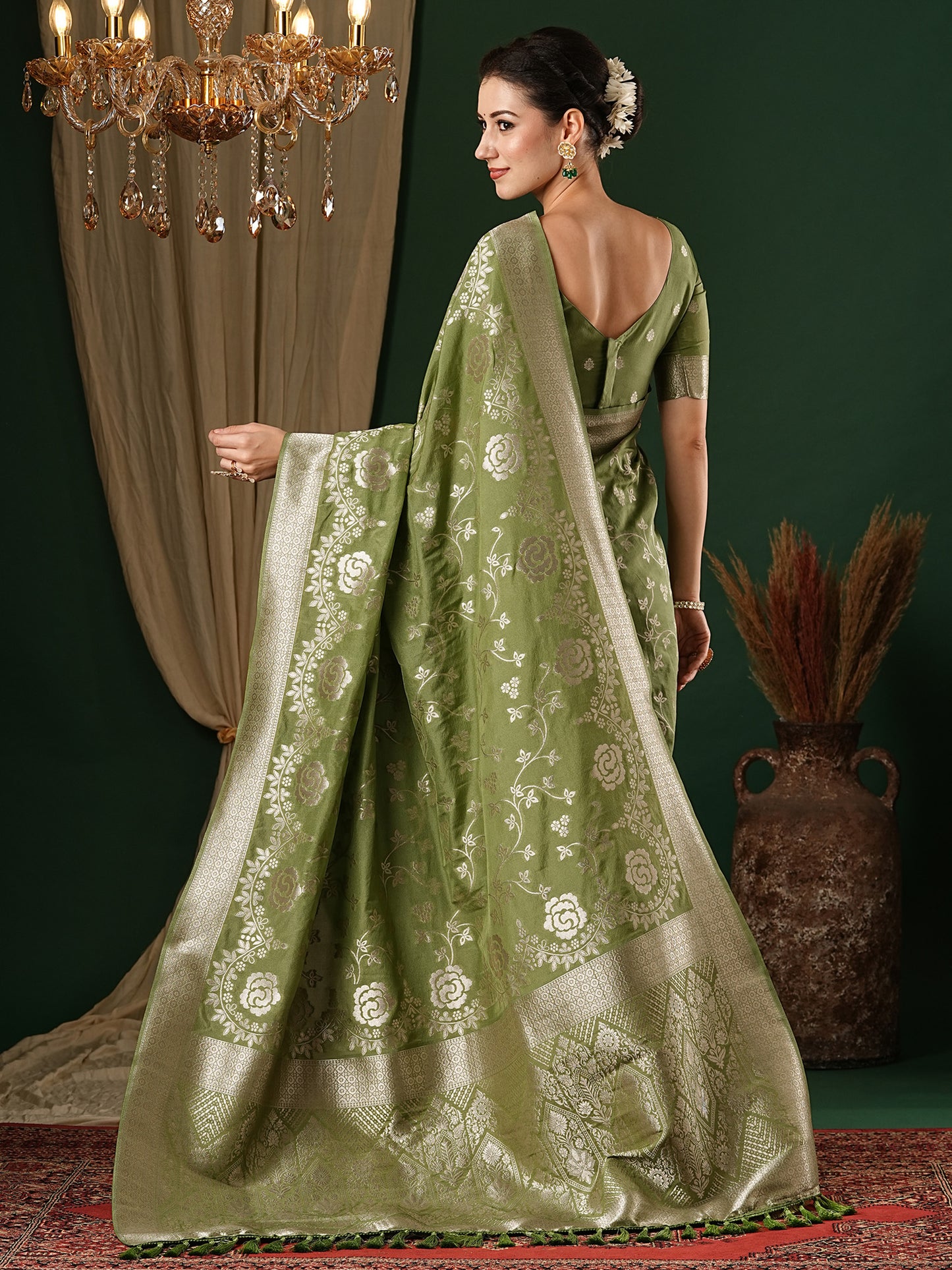 Women's Georgette Olive Woven Design Designer Saree With Blouse Piece