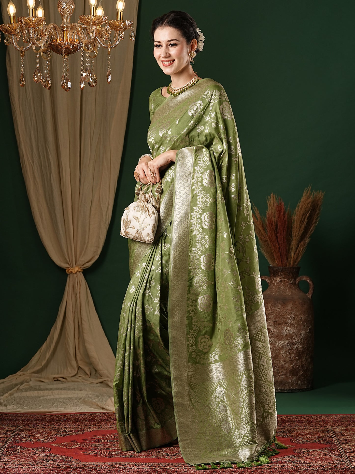 Women's Georgette Olive Woven Design Designer Saree With Blouse Piece