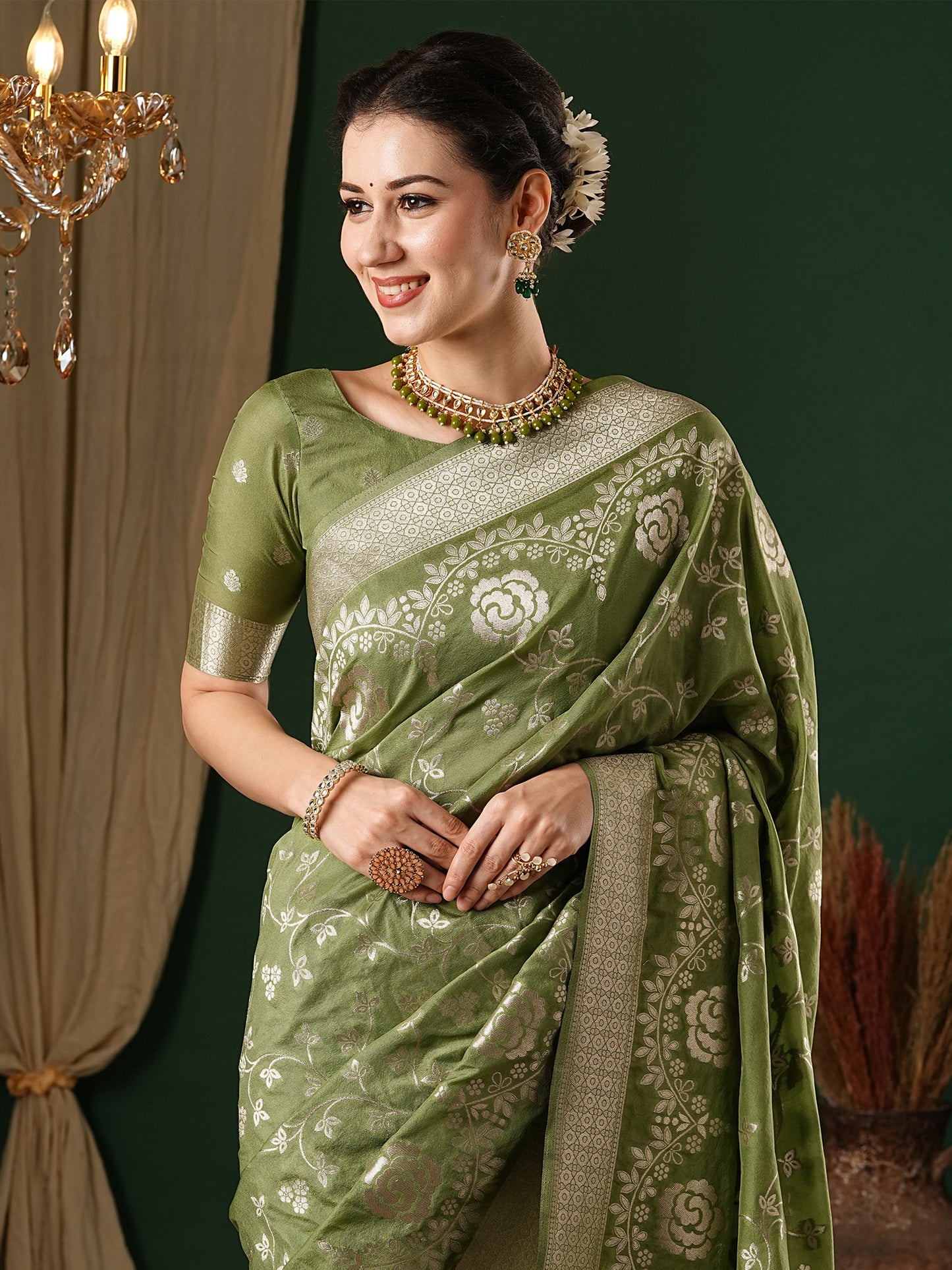 Women's Georgette Olive Woven Design Designer Saree With Blouse Piece