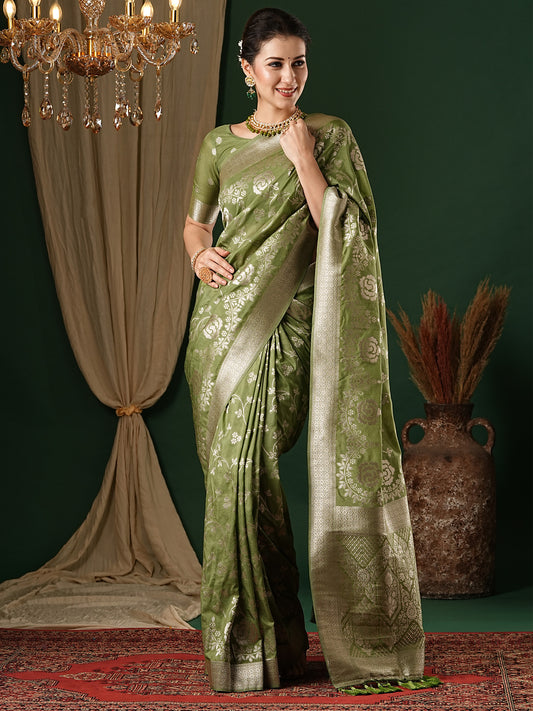 Women's Georgette Olive Woven Design Designer Saree With Blouse Piece