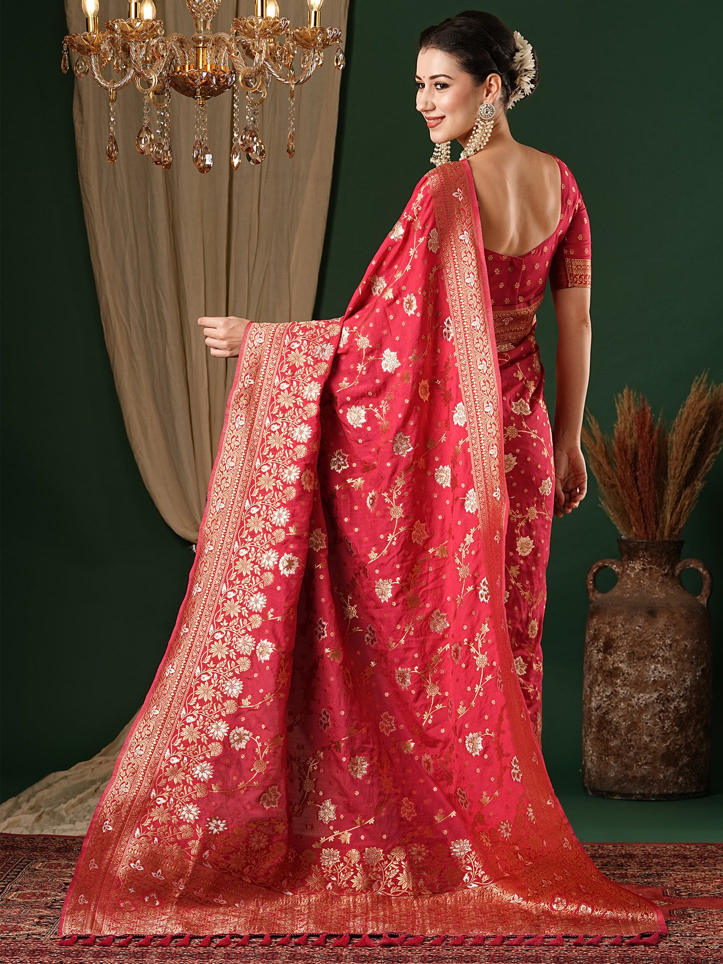 Women's Georgette Pink Woven Design Designer Saree With Blouse Piece