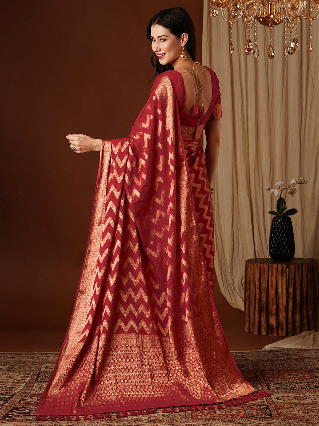 Women's Georgette Red Woven Design Designer Saree With Blouse Piece