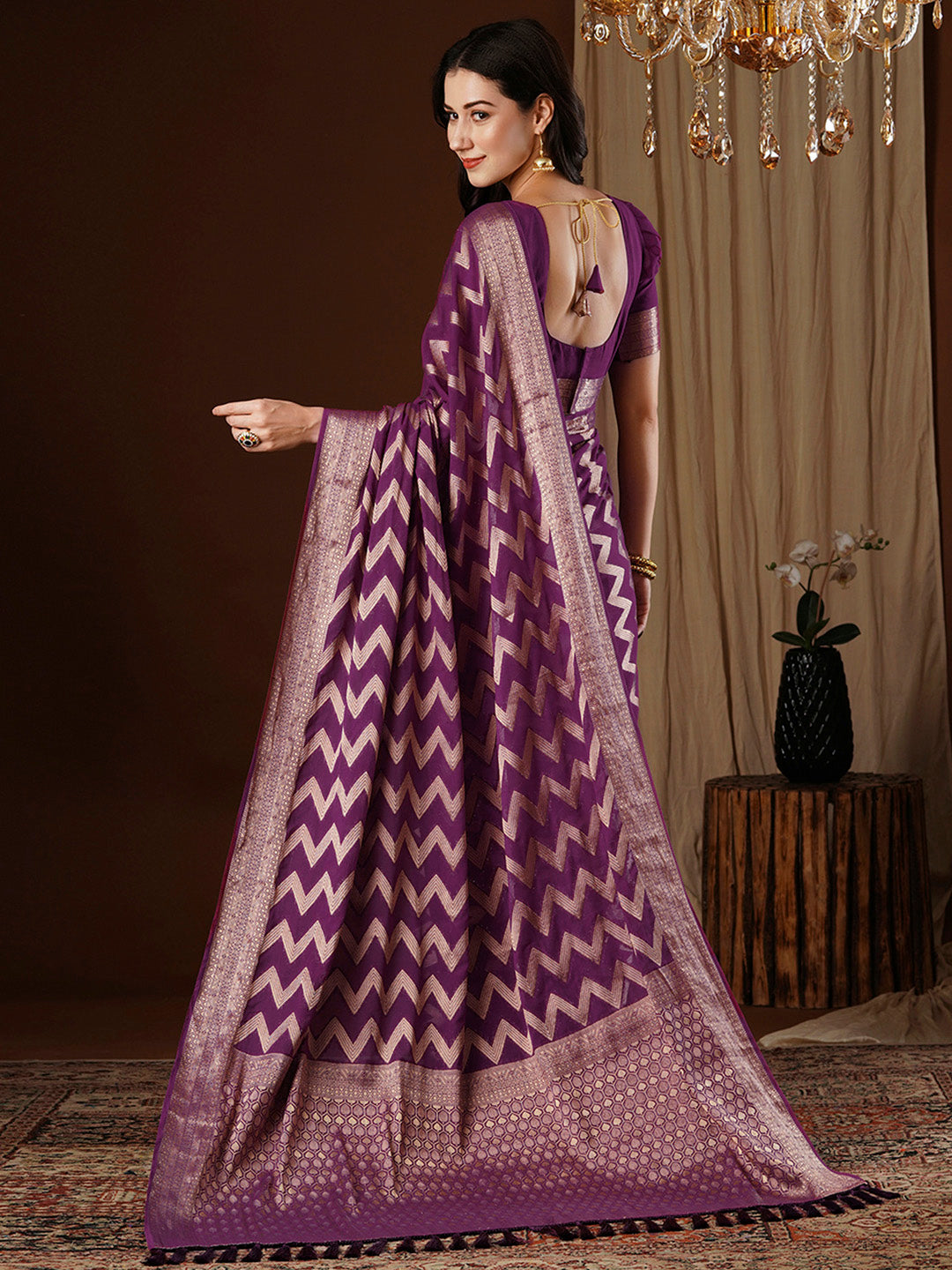 Women's Georgette Purple Woven Design Designer Saree With Blouse Piece