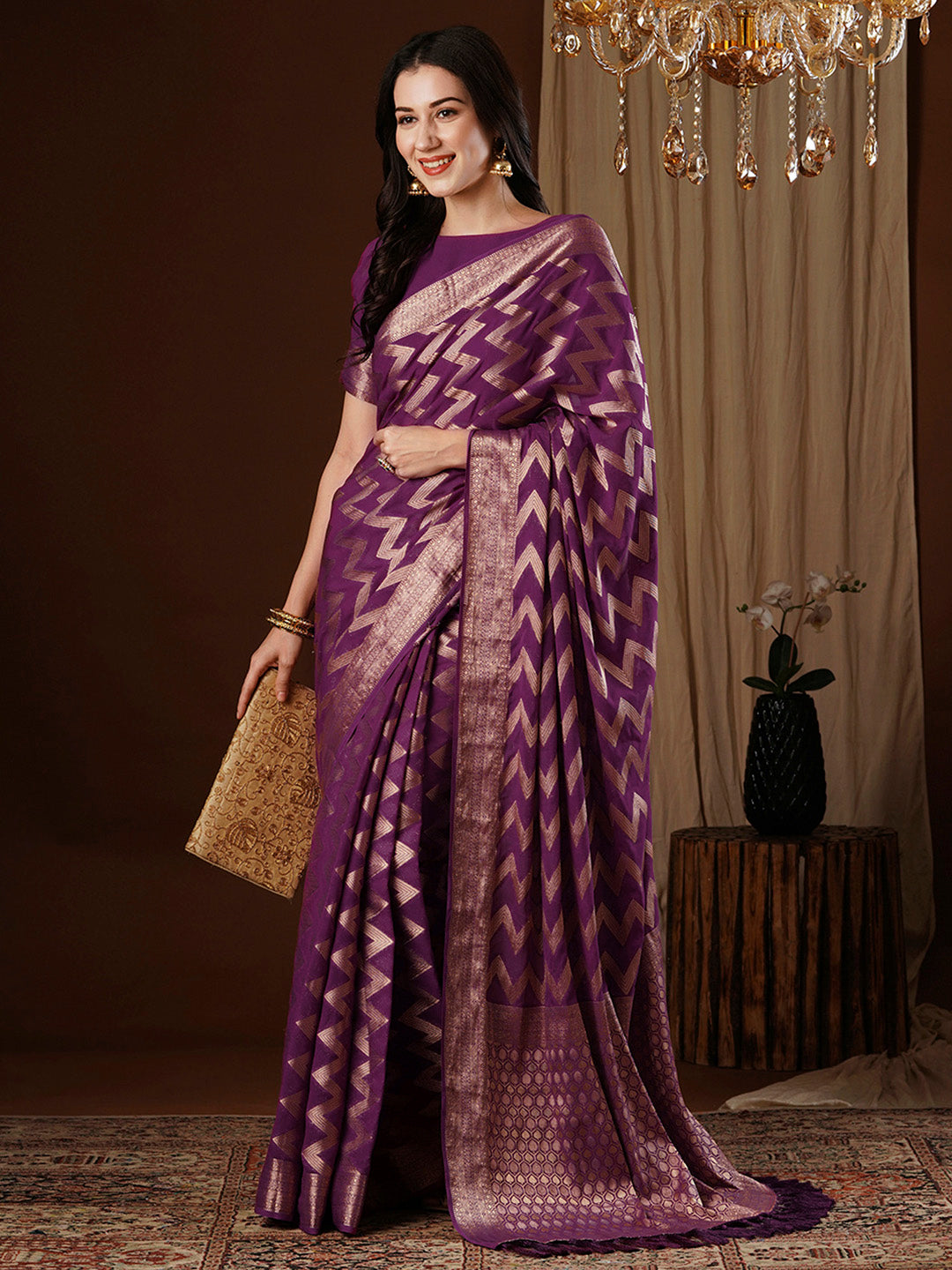 Women's Georgette Purple Woven Design Designer Saree With Blouse Piece