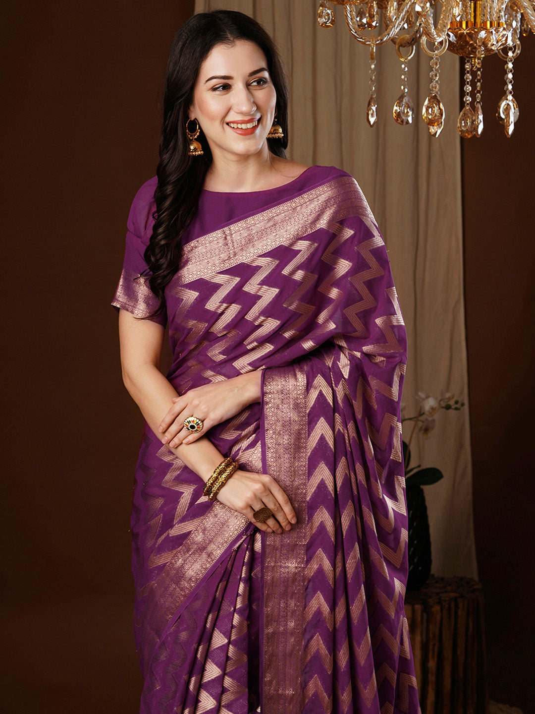 Women's Georgette Purple Woven Design Designer Saree With Blouse Piece
