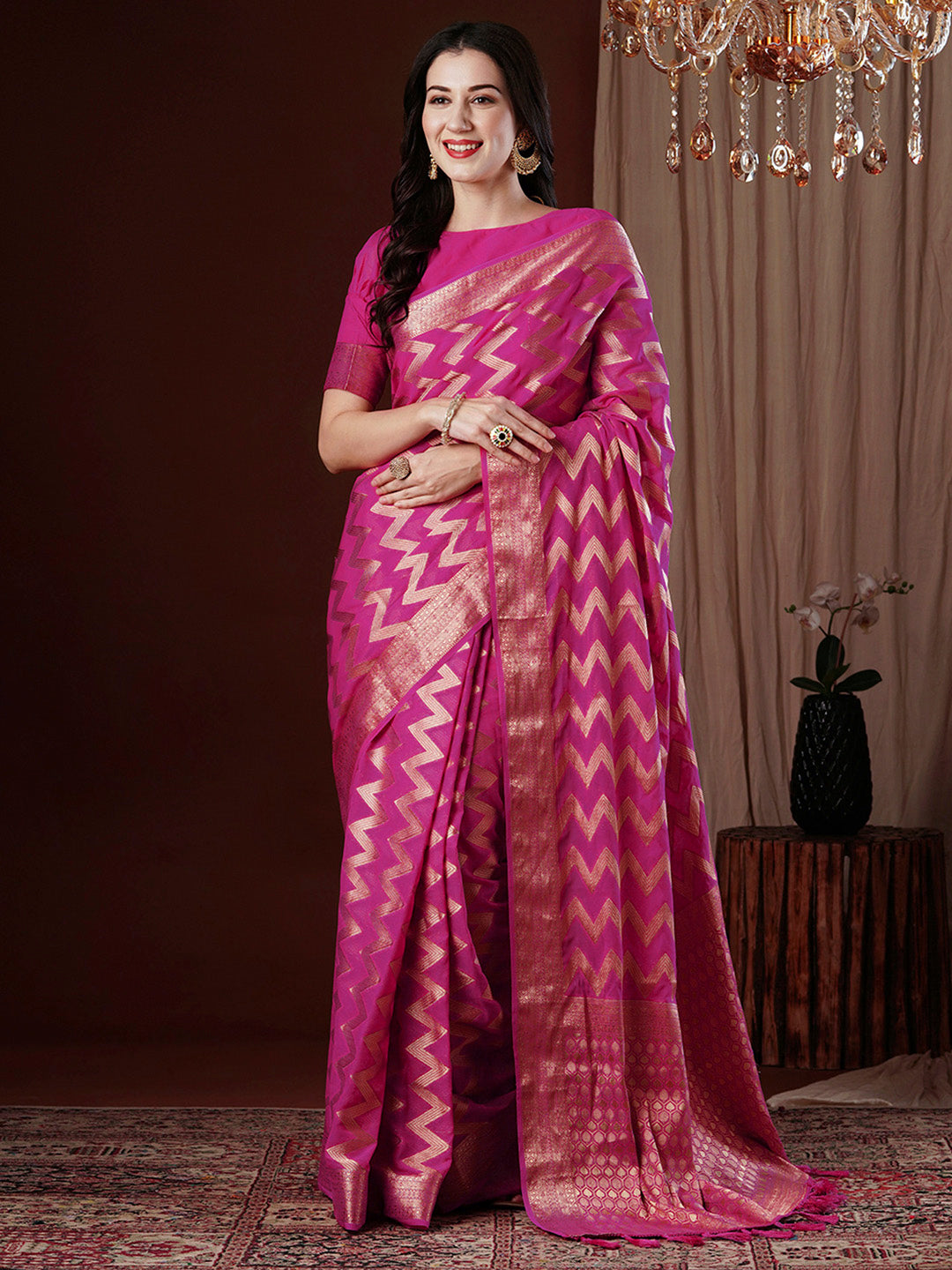 Women's Georgette Pink Woven Design Designer Saree With Blouse Piece