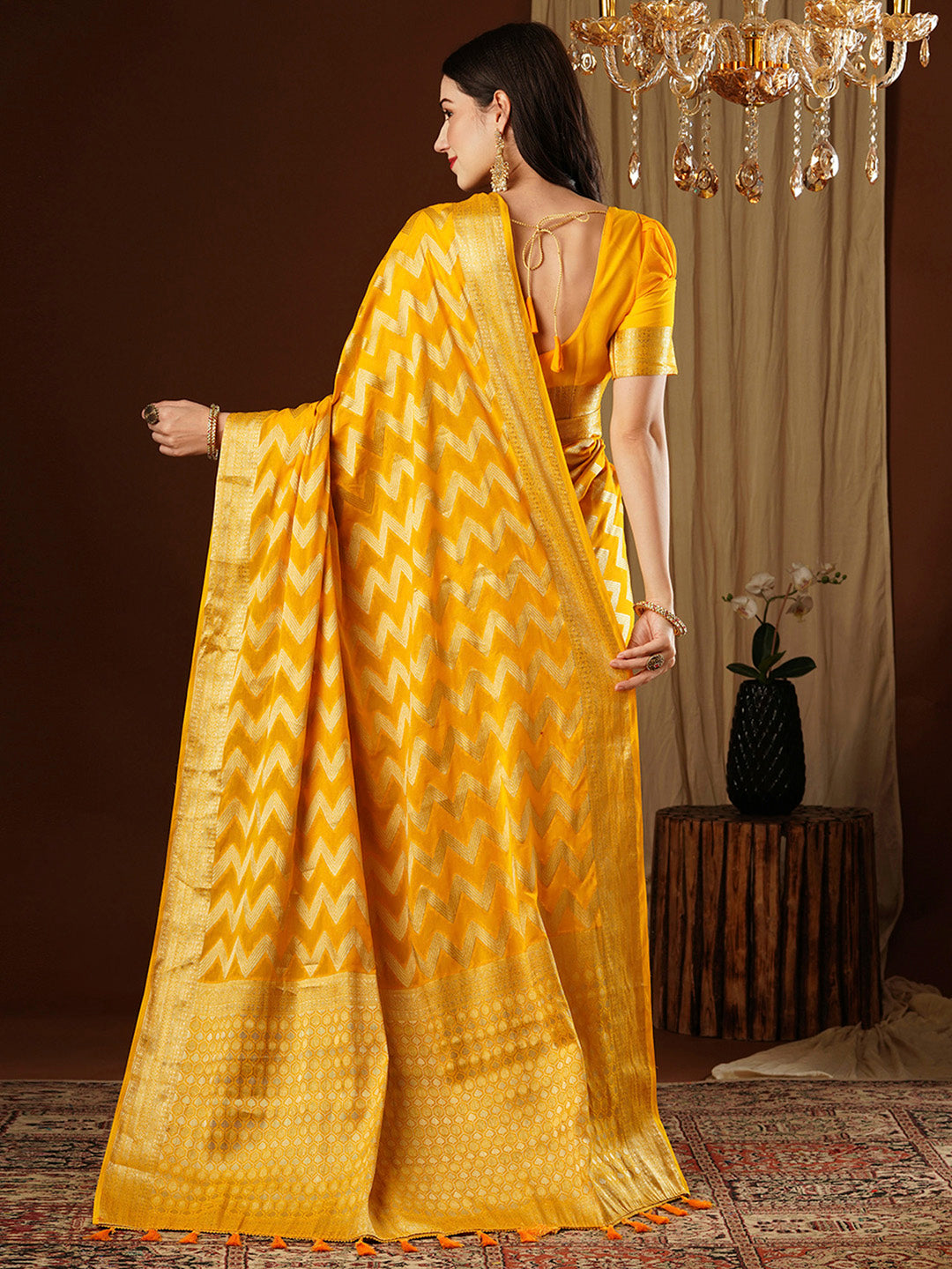 Women's Georgette Yellow Woven Design Designer Saree With Blouse Piece
