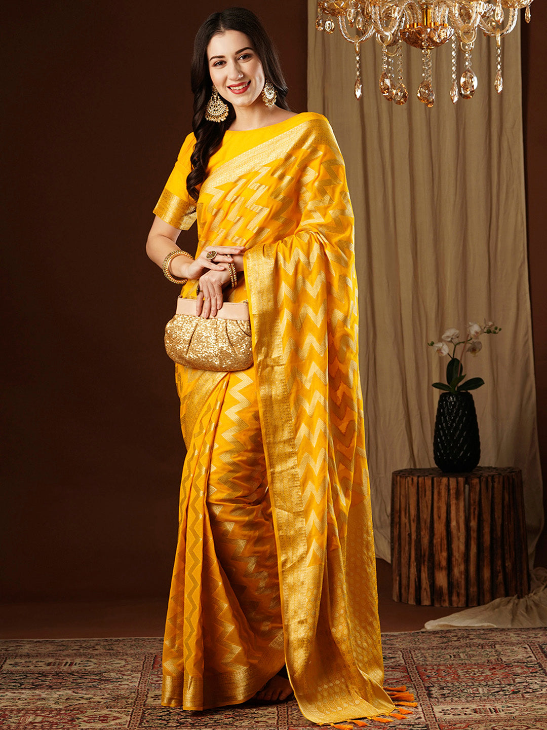Women's Georgette Yellow Woven Design Designer Saree With Blouse Piece