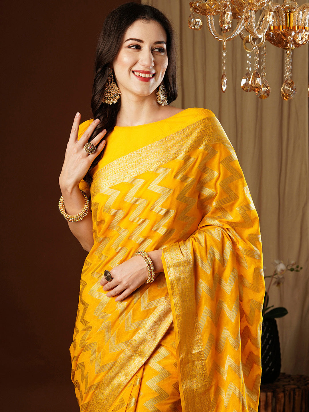 Women's Georgette Yellow Woven Design Designer Saree With Blouse Piece