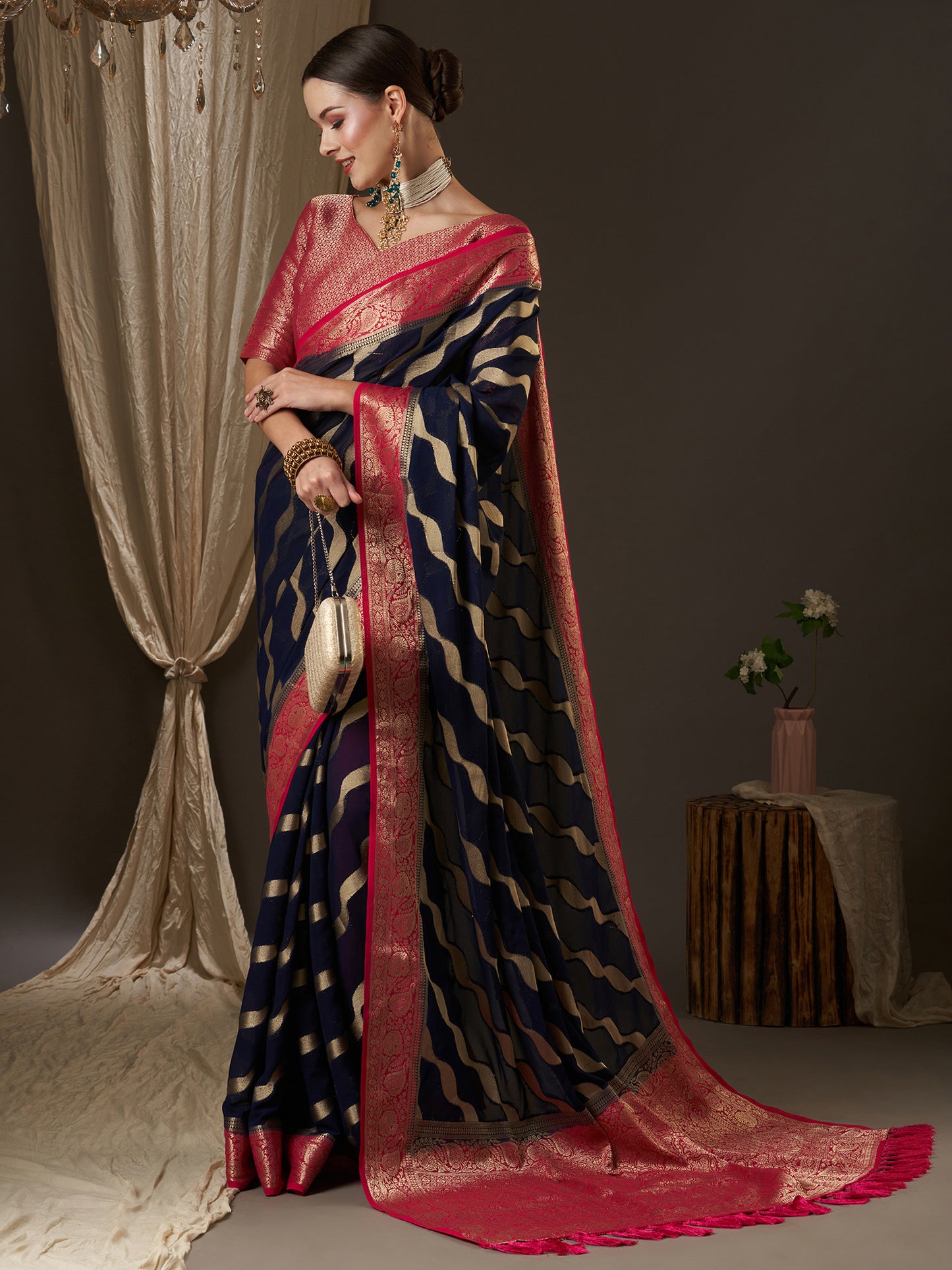 Women's Georgette Navy Blue Woven Design Designer Saree With Blouse Piece