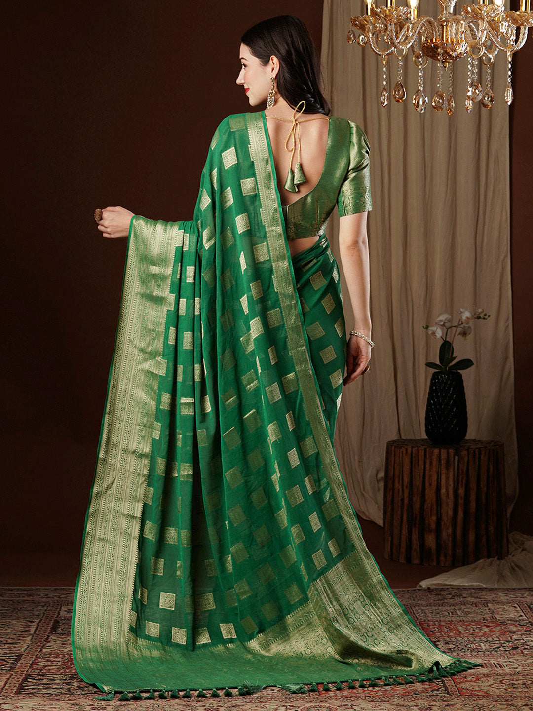 Women's Georgette Green Woven Design Designer Saree With Blouse Piece