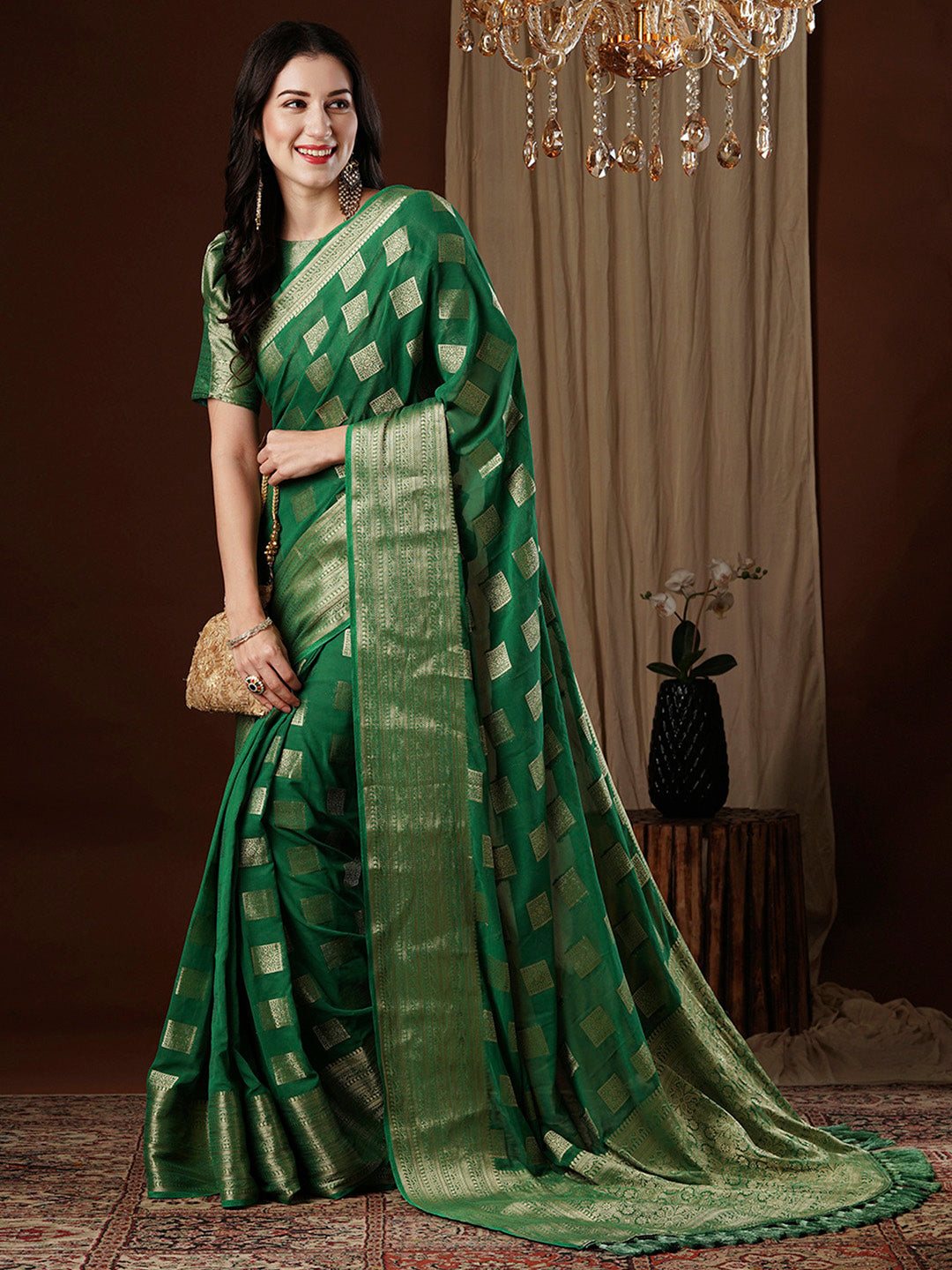 Women's Georgette Green Woven Design Designer Saree With Blouse Piece