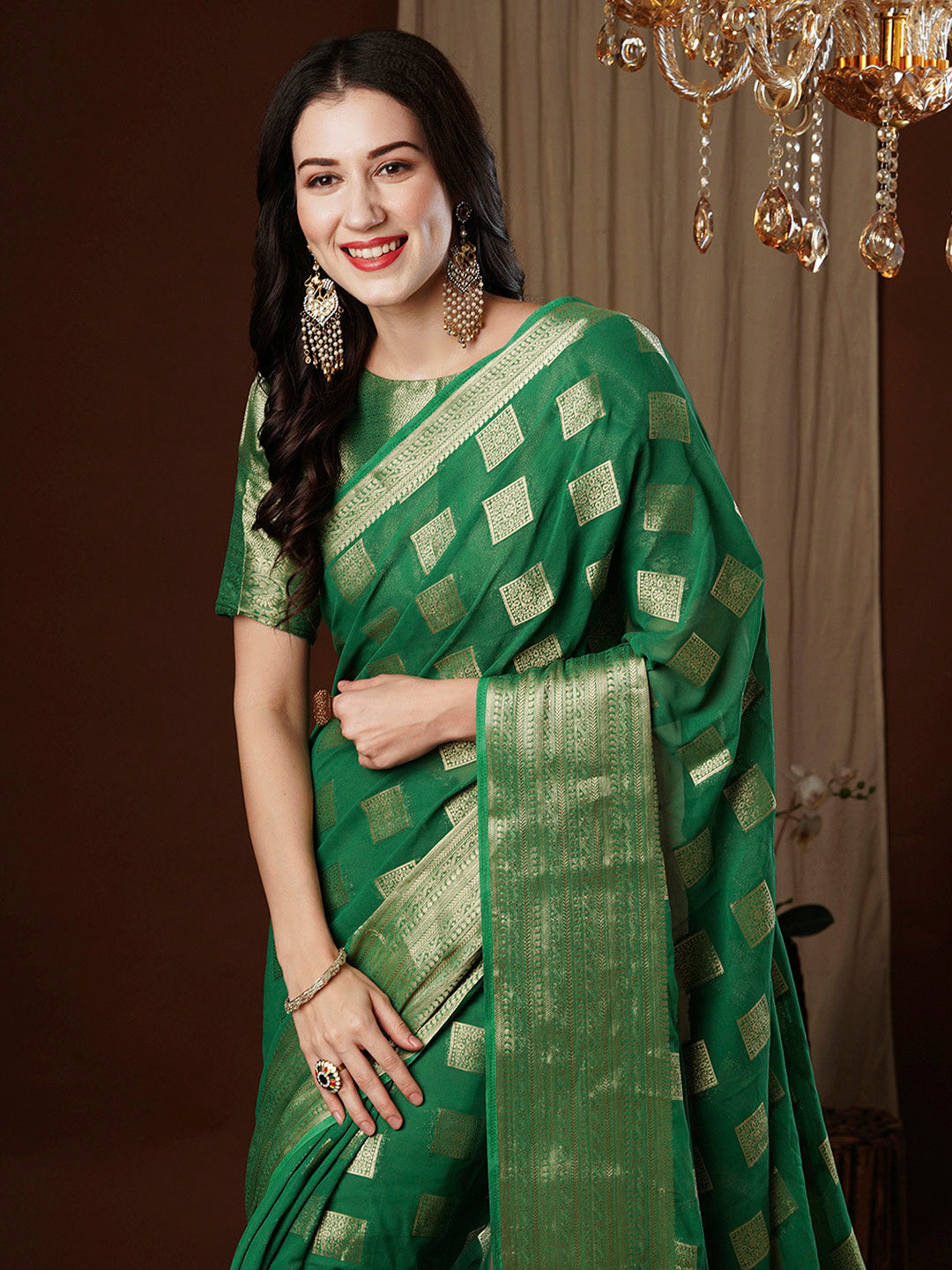 Women's Georgette Green Woven Design Designer Saree With Blouse Piece