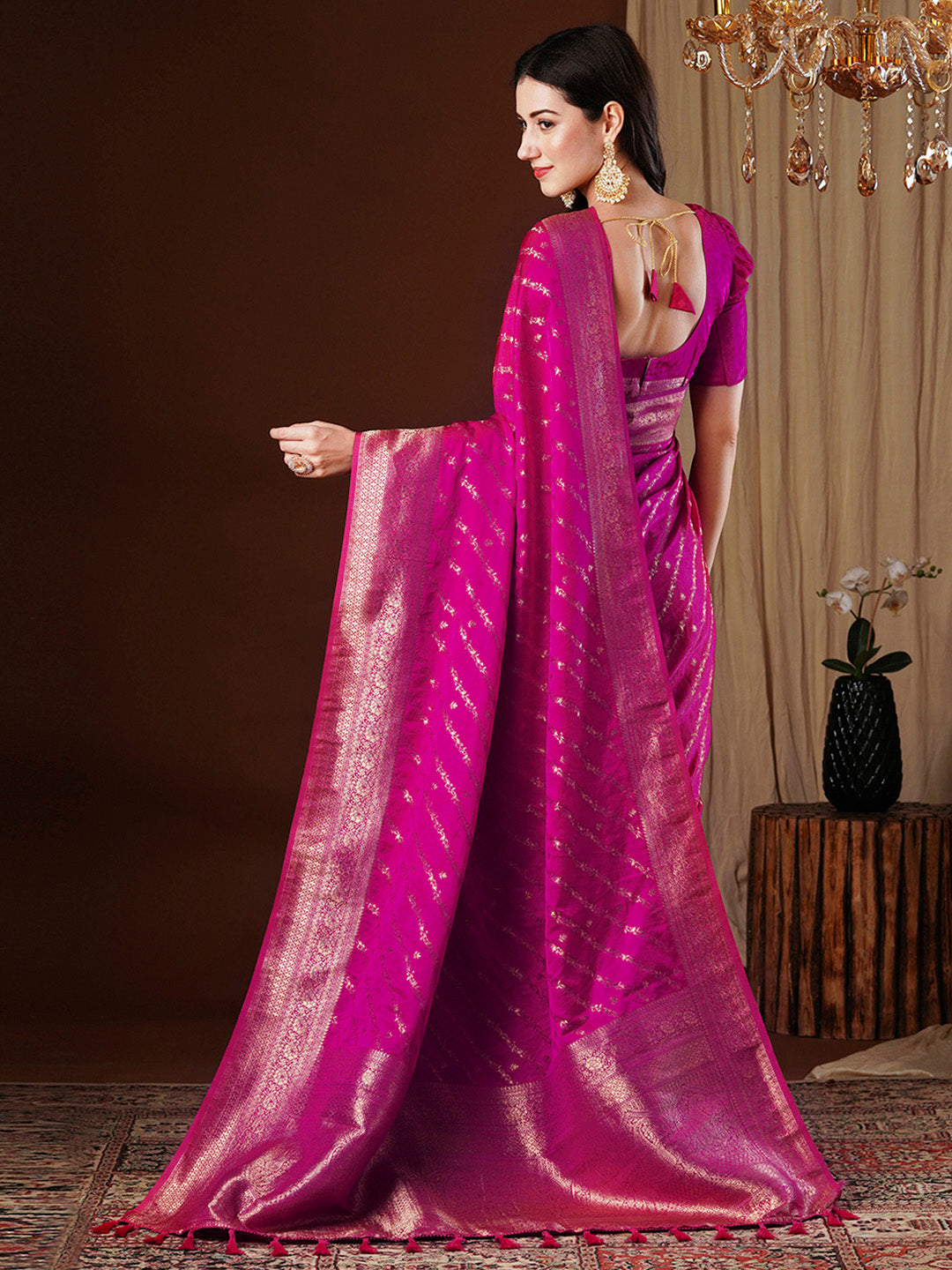 Women's Satin Silk Pink Woven Design Designer Saree With Blouse Piece