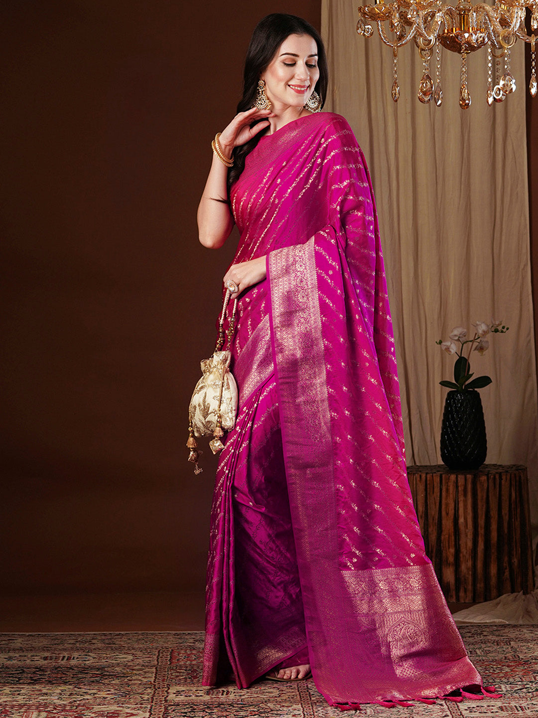 Women's Satin Silk Pink Woven Design Designer Saree With Blouse Piece