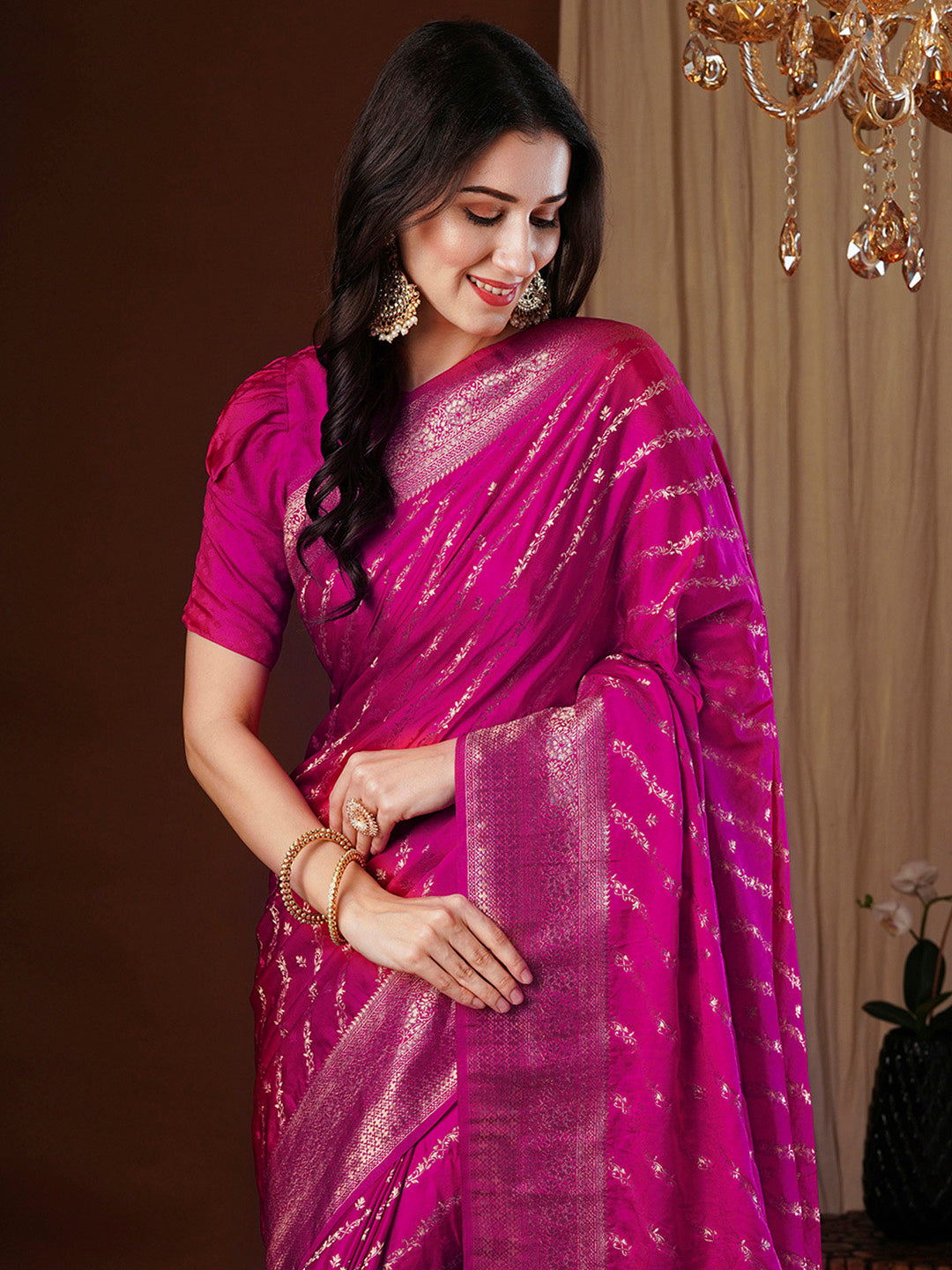 Women's Satin Silk Pink Woven Design Designer Saree With Blouse Piece