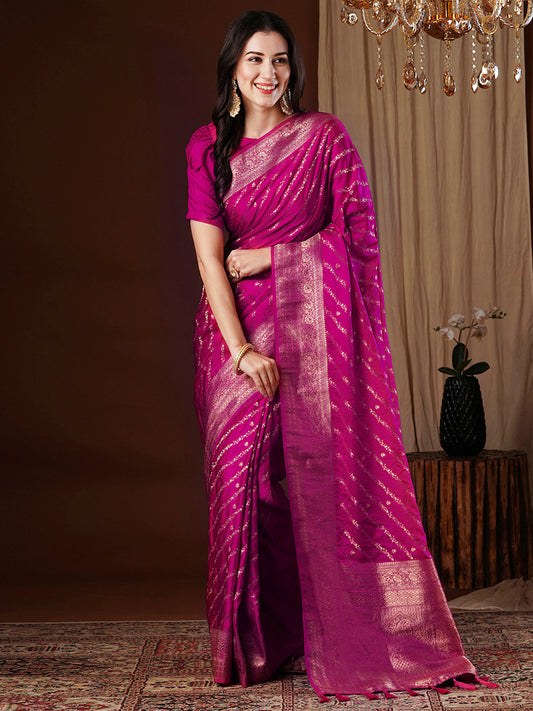Women's Satin Silk Pink Woven Design Designer Saree With Blouse Piece