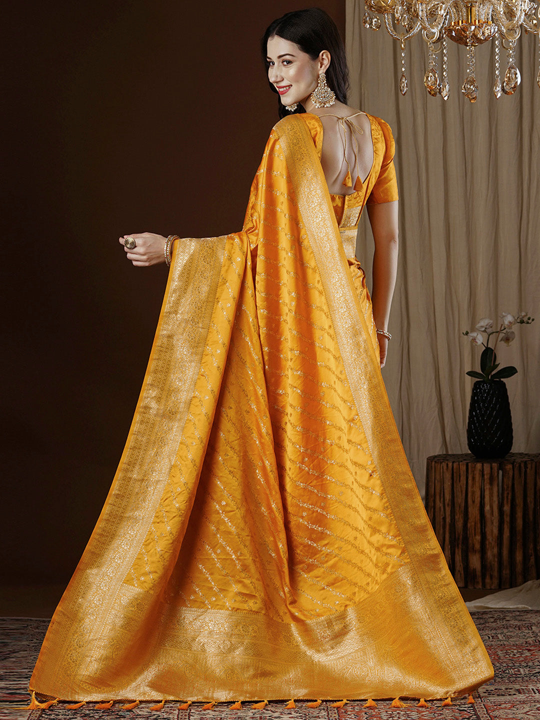 Women's Satin Silk Yellow Woven Design Designer Saree With Blouse Piece