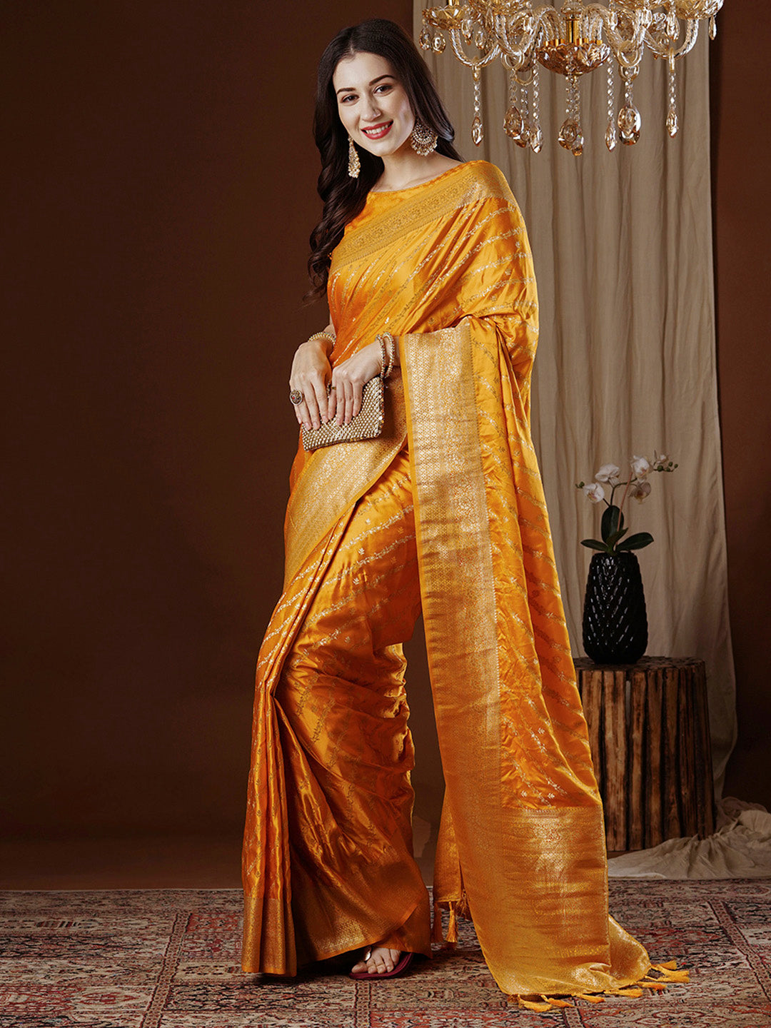 Women's Satin Silk Yellow Woven Design Designer Saree With Blouse Piece