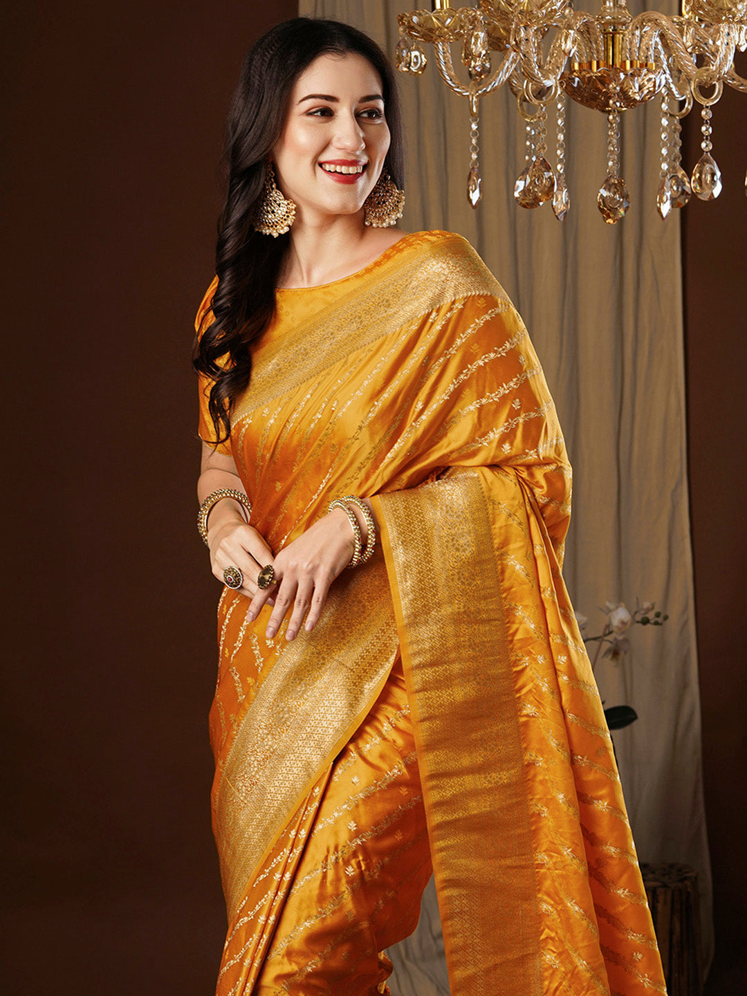 Women's Satin Silk Yellow Woven Design Designer Saree With Blouse Piece
