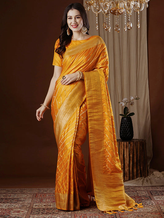 Women's Satin Silk Yellow Woven Design Designer Saree With Blouse Piece