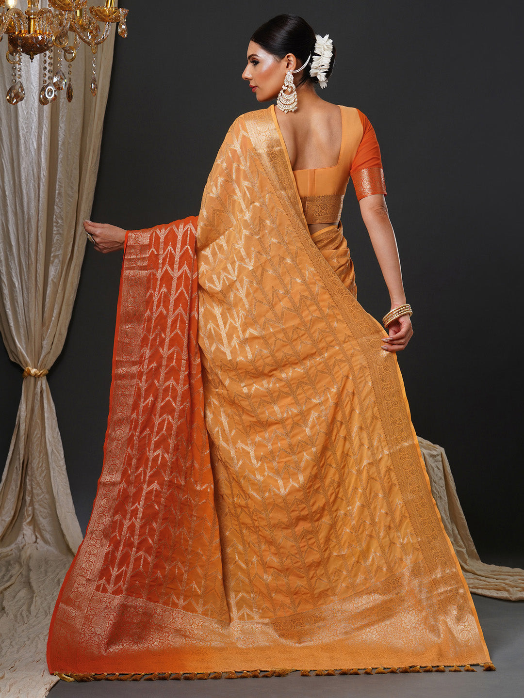 Women's Georgette Orange Woven Design Designer Saree With Blouse Piece