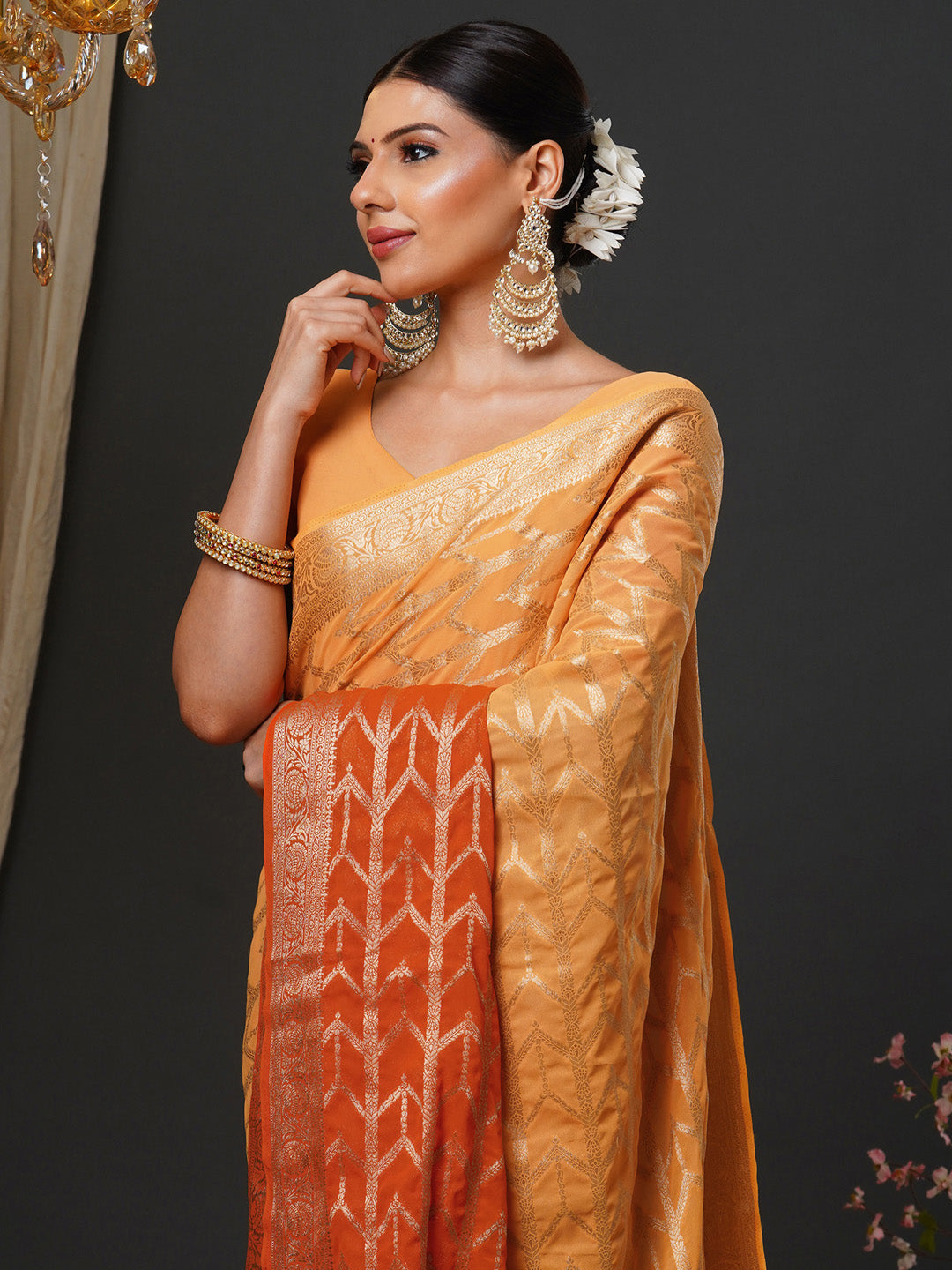Women's Georgette Orange Woven Design Designer Saree With Blouse Piece