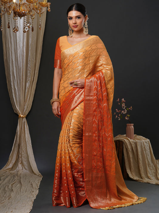 Women's Georgette Orange Woven Design Designer Saree With Blouse Piece