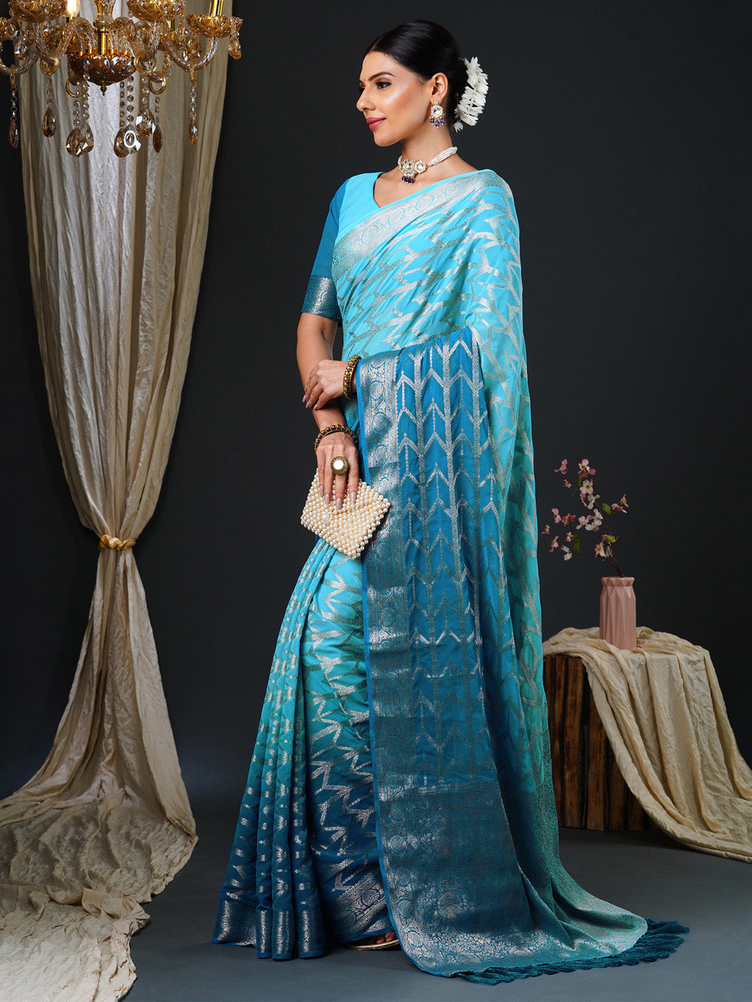 Women's Georgette Light Blue Woven Design Designer Saree With Blouse Piece