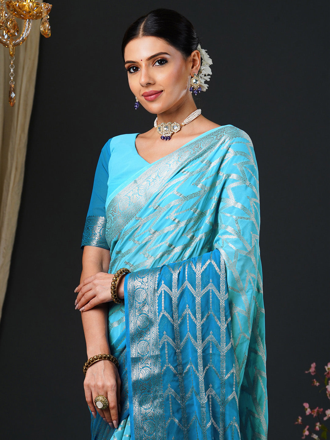 Women's Georgette Light Blue Woven Design Designer Saree With Blouse Piece