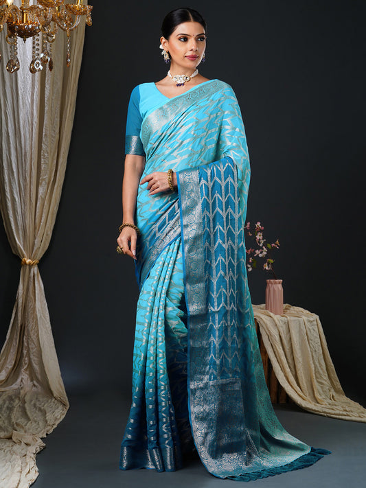 Women's Georgette Light Blue Woven Design Designer Saree With Blouse Piece