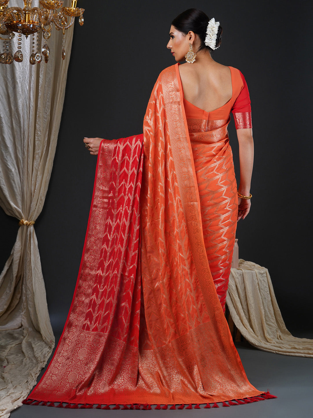 Women's Georgette Orange Woven Design Designer Saree With Blouse Piece
