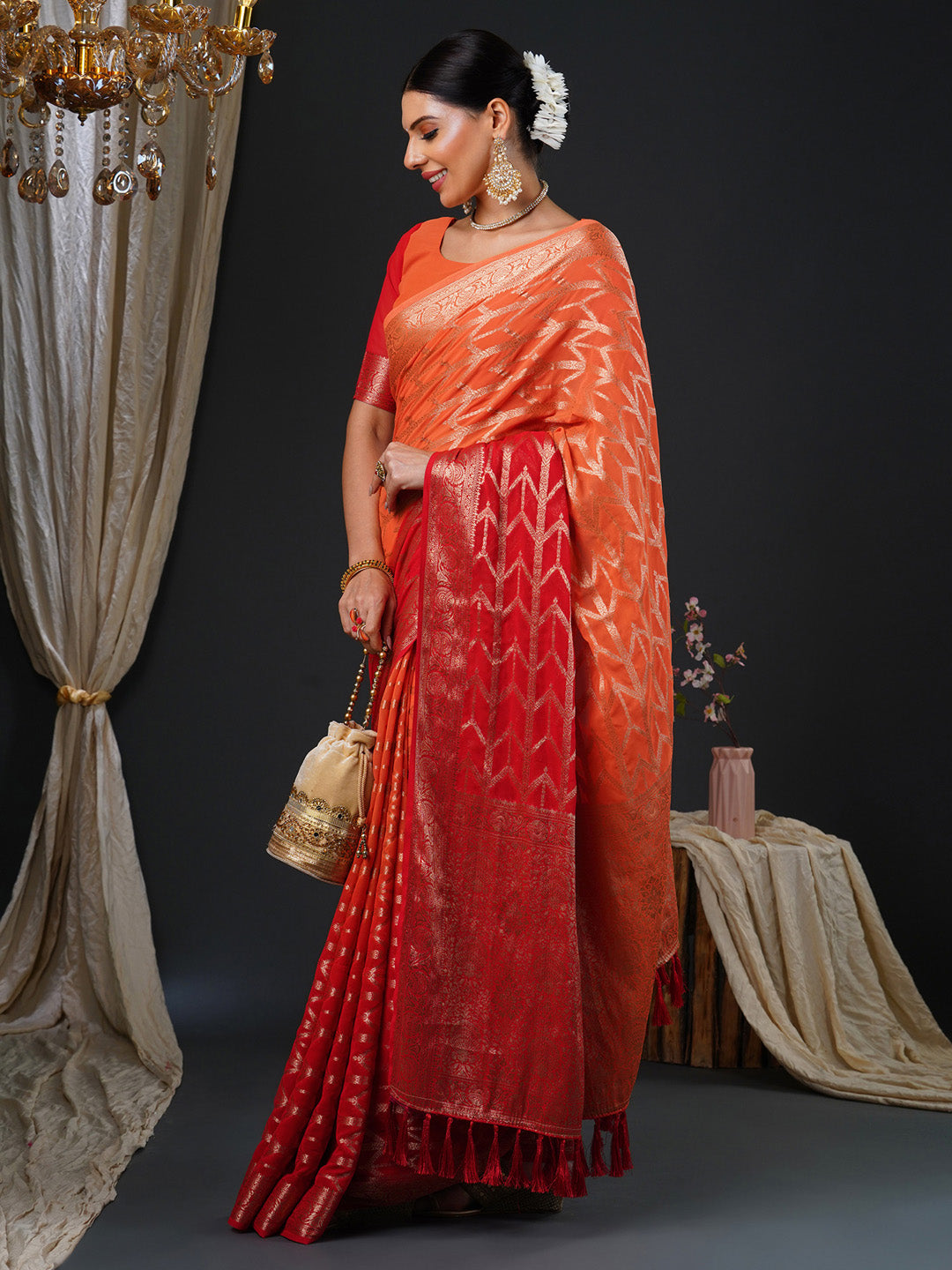 Women's Georgette Orange Woven Design Designer Saree With Blouse Piece