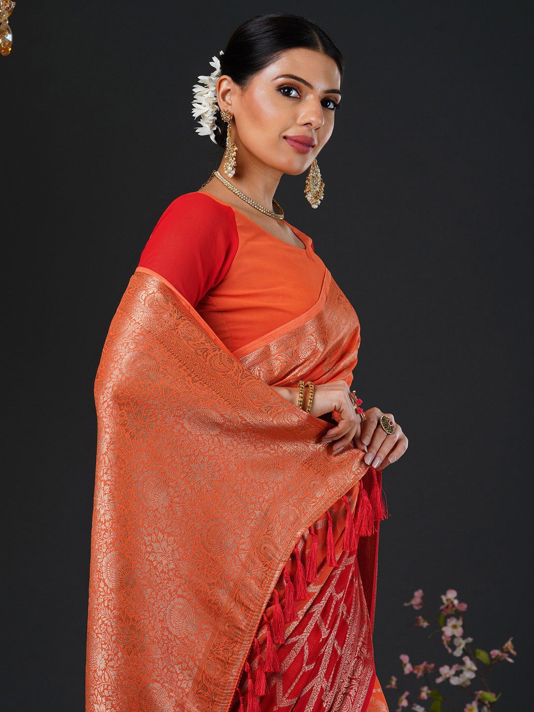 Women's Georgette Orange Woven Design Designer Saree With Blouse Piece