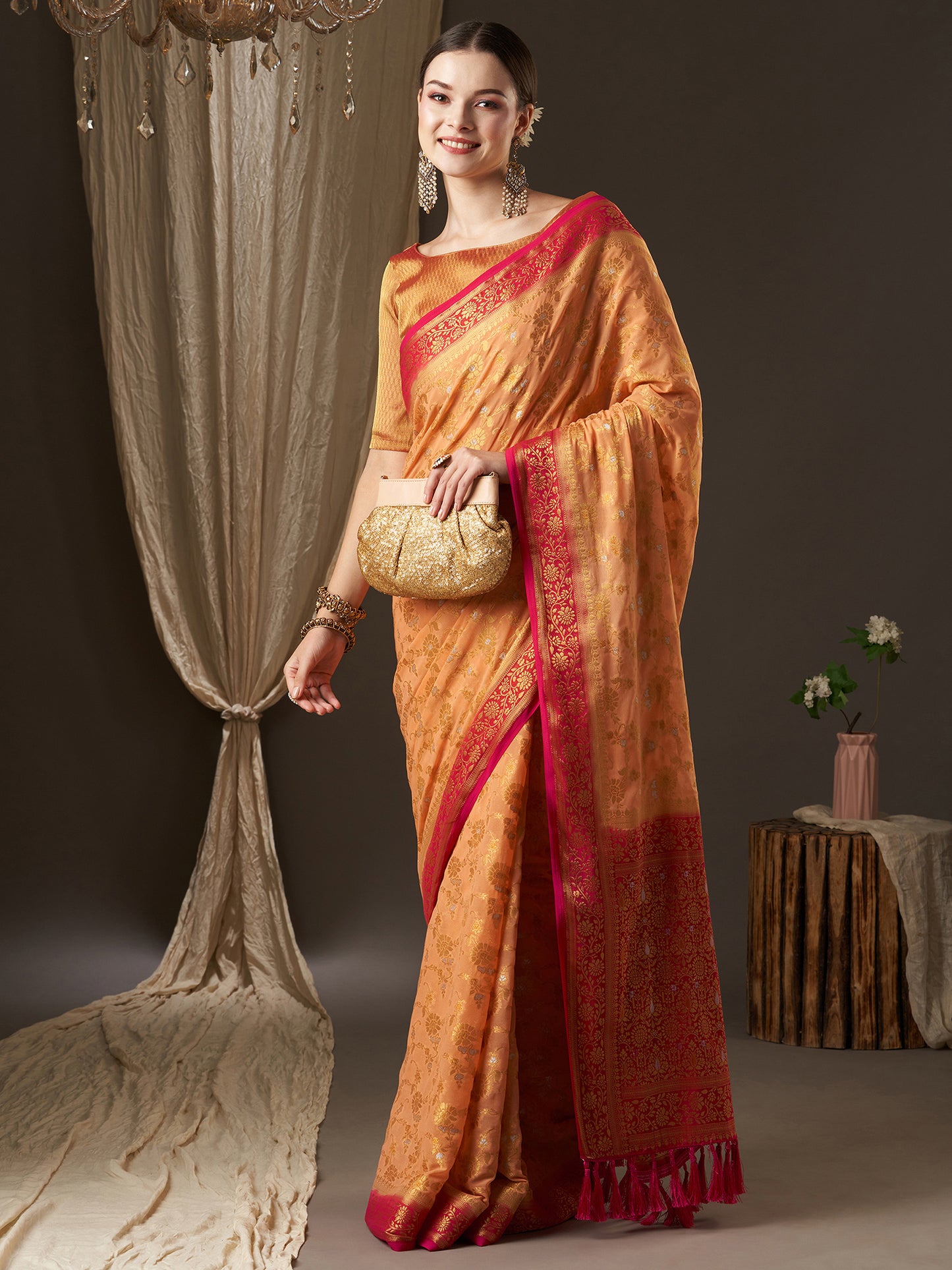Women's Georgette Peach Woven Design Designer Saree With Blouse Piece