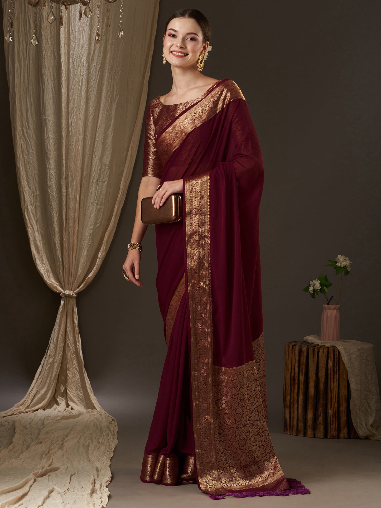 Women's Georgette Burgundy Woven Design Designer Saree With Blouse Piece