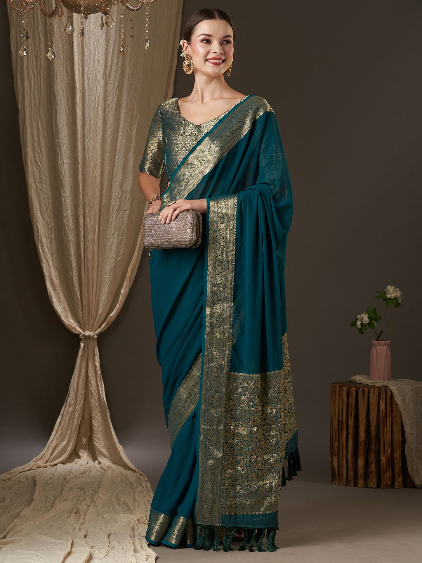 Women's Georgette Teal blue Woven Design Designer Saree With Blouse Piece